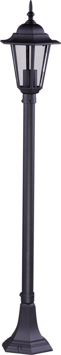 Czarna lampa ogrodowa stojąca Standard H112 z metalowym słupem i ozdobnym kloszem. Posiada prostokątne szyby osłaniające źródło światła. Ułożona w pionie, z podstawą w kształcie kwadratu, idealna do oświetlenia przestrzeni zewnętrznych.