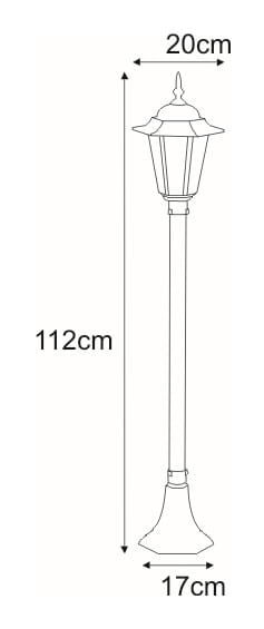 Czarna lampa ogrodowa stojąca Standard H112 o wysokości 112 cm, szerokości 20 cm i podstawie o średnicy 17 cm. Posiada klasyczny klosz z dekoracyjnym wykończeniem, idealna do oświetlenia przestrzeni na zewnątrz.