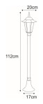 Czarna lampa ogrodowa stojąca Standard H112 o wysokości 112 cm, szerokości 20 cm i podstawie o średnicy 17 cm. Posiada klasyczny klosz z dekoracyjnym wykończeniem, idealna do oświetlenia przestrzeni na zewnątrz.