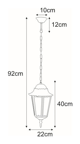 Lozana lampa ogrodowa wisząca w kolorze czarnym, o wysokości 92 cm i szerokości 22 cm. Posiada ozdobny klosz w kształcie latarni, zawieszona na łańcuszku. Elementy montażowe widoczne w górnej części.