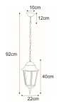 Lozana lampa ogrodowa wisząca w kolorze czarnym, o wysokości 92 cm i szerokości 22 cm. Posiada ozdobny klosz w kształcie latarni, zawieszona na łańcuszku. Elementy montażowe widoczne w górnej części.