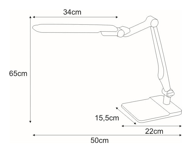 Srebrna lampka biurkowa LED Mica, moc 10W, z regulowanym ramieniem. Wymiary: wysokość 65 cm, szerokość 34 cm, podstawka 22x15,5 cm. Źródło światła o temperaturze barwowej 3000-6000K, nowoczesny design, idealna do biura lub nauki.