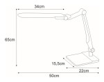 Srebrna lampka biurkowa LED Mica, moc 10W, z regulowanym ramieniem. Wymiary: wysokość 65 cm, szerokość 34 cm, podstawka 22x15,5 cm. Źródło światła o temperaturze barwowej 3000-6000K, nowoczesny design, idealna do biura lub nauki.