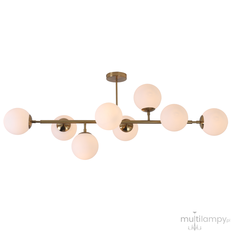 Lampa wisząca Dorado LP-002/8P z ośmioma okrągłymi, mlecznymi kloszami na złotej konstrukcji. Ułożona w poziomie, z centralnym mocowaniem sufitowym. Idealna do nowoczesnych wnętrz, zapewniająca równomierne oświetlenie.