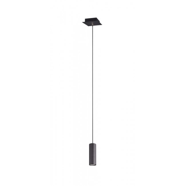 Czarna lampa wisząca Marley 1-punktowa, o cylindrycznym kształcie, zawieszona na cienkim kablu. Widok frontalny, prosta konstrukcja, metalowy materiał. Idealna do nowoczesnych wnętrz.