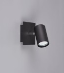 Czarny kinkiet (spot) Marley, 1-punktowy, zamontowany na ścianie. Okrągła głowica z metalowym wykończeniem, skierowana w dół. Prosty, kwadratowy panel ścienny. Światło LED, minimalistyczny design, idealny do nowoczesnych wnętrz.