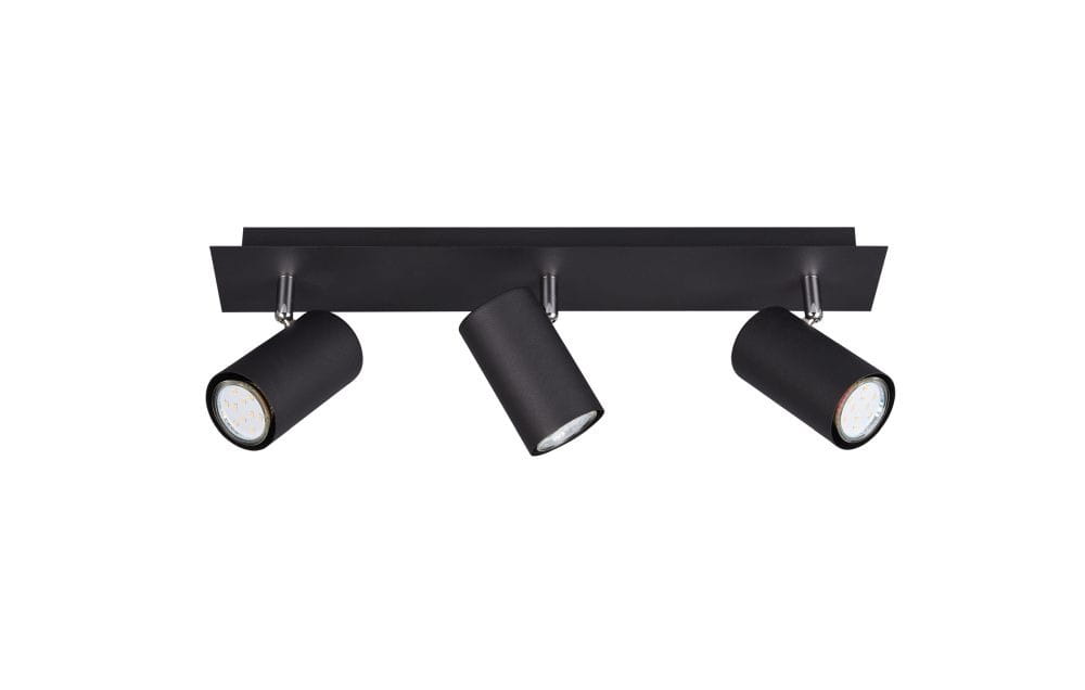 Czarna lampa sufitowa Marley z trzema punktami świetlnymi, zamontowana na prostokątnej, matowej podstawie. Reflektory w kształcie cylindrów, regulowane, z widocznymi żarówkami LED. Idealna do nowoczesnych wnętrz.