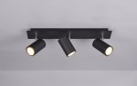 Trzypunktowa lampa sufitowa Marley w kolorze czarnym, z cylindrycznymi kloszami zewnętrznymi, wewnątrz złote, zamontowana na prostokątnej czarnej podstawie. Klosze skierowane w różne strony, montowana na suficie, na jednolitym tle.
