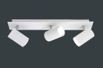 Lampa sufitowa Marley 3-punktowa w kolorze białym, z trzema regulowanymi spotami na metalowej podstawie. Ujęcie z przodu, ukazujące równomiernie rozmieszczone klosze o cylindrycznym kształcie, zamocowane na prostokątnej płycie.