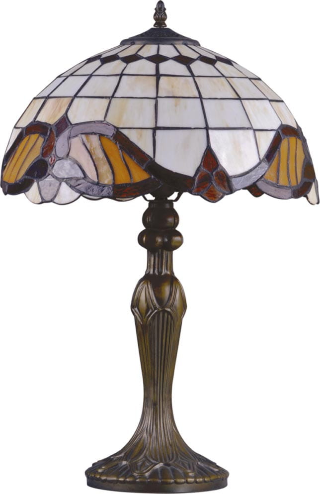 Lampa stołowa Witraż D30 z 1-punktowym źródłem światła, z kloszem w odcieniach bieli, brązu i żółci, na eleganckiej, metalowej nodze o fakturze. Klosz z geometrycznym wzorem, wykończony w stylu vintage. Produkty są ustawione na płaskiej powierzchni.