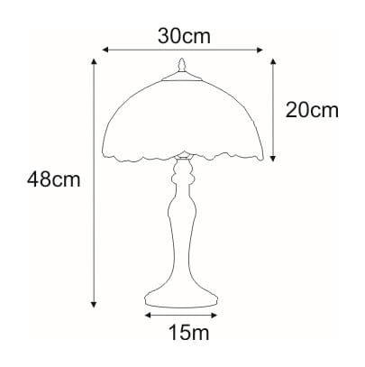 Lampa stołowa Witraż D30 z 1 punktem świetlnym. Klosz o średnicy 30 cm, wysokość 48 cm, szerokość podstawy 15 cm, wysokość klosza 20 cm. Stylizowana na klasyczną, z dekoracyjnym wykończeniem.