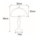 Lampa stołowa Witraż D30 z 1 punktem świetlnym. Klosz o średnicy 30 cm, wysokość 48 cm, szerokość podstawy 15 cm, wysokość klosza 20 cm. Stylizowana na klasyczną, z dekoracyjnym wykończeniem.