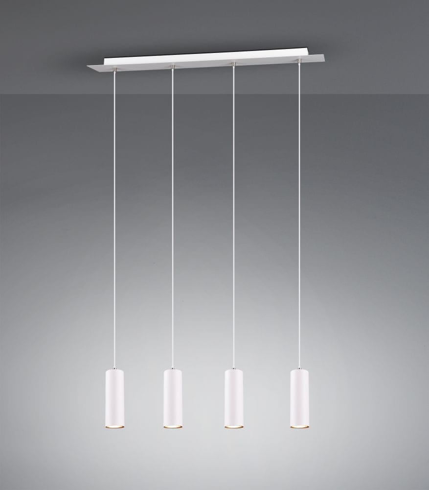 Lampa wisząca Marley 4-punktowa w białym kolorze, składająca się z czterech cylindrycznych kloszy zawieszonych na cienkich linkach. Ułożona poziomo na prostokątnej podstawie, z delikatnym złotym akcentem na dolnej krawędzi kloszy.