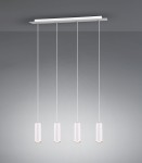 Lampa wisząca Marley 4-punktowa w białym kolorze, składająca się z czterech cylindrycznych kloszy zawieszonych na cienkich linkach. Ułożona poziomo na prostokątnej podstawie, z delikatnym złotym akcentem na dolnej krawędzi kloszy.