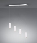 Lampa wisząca Marley 4-punktowa, biała, z prostokątnym, białym stelażem i czterema cylindrycznymi kloszami. Klosze zawieszone na cienkich linkach, z złotymi detalami na spodzie. Produkt wisi na tle szarym, w nowoczesnym stylu.