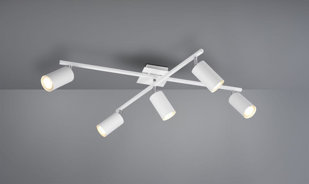 Lampa sufitowa Marley 5-punktowa w kolorze białym, z pięcioma cylindrycznymi kloszami na ruchomych ramionach, zamontowana na kwadratowej podstawie. Ujęcie z góry, na szarym tle, ukazujące nowoczesny design i funkcjonalność.