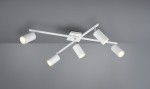 Lampa sufitowa Marley 5-punktowa w kolorze białym, z pięcioma cylindrycznymi kloszami na ruchomych ramionach, zamontowana na kwadratowej podstawie. Ujęcie z góry, na szarym tle, ukazujące nowoczesny design i funkcjonalność.