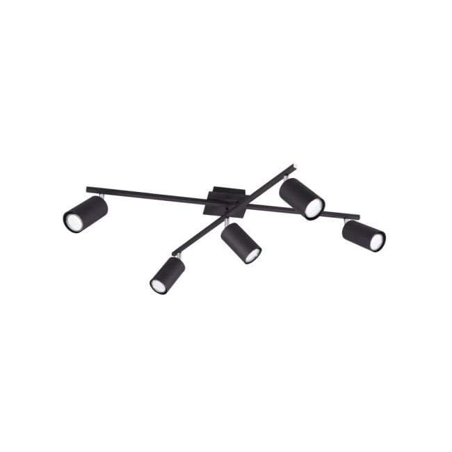 Czarna lampa sufitowa Marley z pięcioma punktami świetlnymi, umieszczona na metalowej konstrukcji w formie krzyża. Reflektory mają cylindryczny kształt, skierowane w różnych kierunkach, montowane do sufitu.