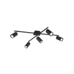 Czarna lampa sufitowa Marley z pięcioma punktami świetlnymi, umieszczona na metalowej konstrukcji w formie krzyża. Reflektory mają cylindryczny kształt, skierowane w różnych kierunkach, montowane do sufitu.