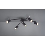 Czarna lampa sufitowa Marley z pięcioma punktami świetlnymi, umieszczona na metalowej podstawie. Lampa ma nowoczesny design z regulowanymi reflektorami, które kierują światło w różnych kierunkach. Montaż sufitowy.