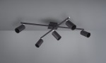 Czarna lampa sufitowa Marley z pięcioma punktami świetlnymi, umieszczona na metalowej konstrukcji w kształcie krzyża. Lampy mają cylindryczny kształt i są skierowane w różnych kierunkach, montowane na płaskiej podstawie. Tło w odcieniu szarym.