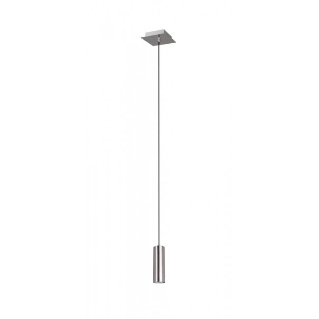 Lampa wisząca Marley 1-punktowa w kolorze niklu, o cylindrycznym kształcie, zawieszona na cienkim przewodzie. Ujęcie frontalne, montowana sufitowo, minimalistyczny design, idealna do nowoczesnych wnętrz.
