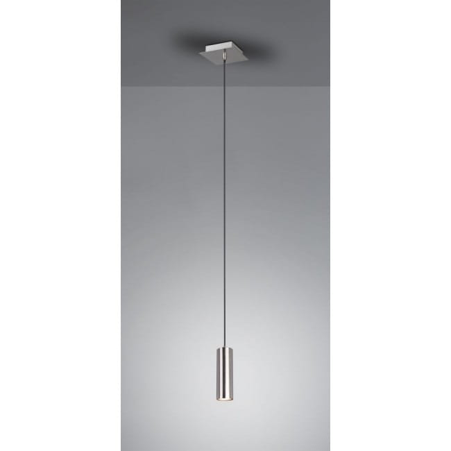 Lampa wisząca Marley 1-punktowa w kolorze niklowym. Posiada smukły, cylindryczny klosz zawieszony na cienkim, czarnym przewodzie. Ujęcie frontalne, produkt wisi na prostokątnej podstawie przymocowanej do sufitu.