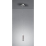 Lampa wisząca Marley 1-punktowa w kolorze niklowym, o cylindrycznym kształcie, zawieszona na cienkim przewodzie. Montaż sufitowy, minimalistyczny design, idealna do nowoczesnych wnętrz. Tło jednolite, szare.