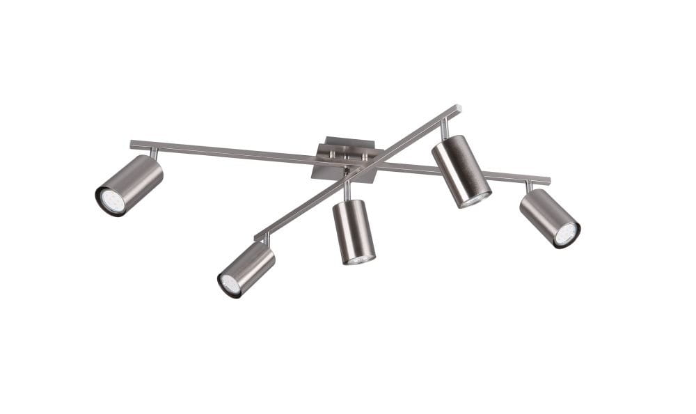 Lampa sufitowa Marley 5-punktowa w kolorze niklu, z pięcioma ruchomymi reflektorami zamontowanymi na metalowej konstrukcji. Ujęcie z boku, pokazujące układ ramion i kąt ich ustawienia.