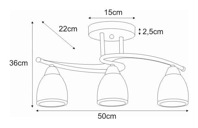 Lampa sufitowa Samira 3-punktowa K-JSL-8090/3 CHR. z trzema kloszami w kształcie stożków, umieszczona na eleganckim, zaokrąglonym mocowaniu. Wymiary: długość 50 cm, wysokość 36 cm, szerokość 15 cm, głębokość 2,5 cm. Idealna do nowoczesnych wnętrz.