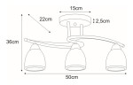 Lampa sufitowa Samira 3-punktowa K-JSL-8090/3 CHR. z trzema kloszami w kształcie stożków, umieszczona na eleganckim, zaokrąglonym mocowaniu. Wymiary: długość 50 cm, wysokość 36 cm, szerokość 15 cm, głębokość 2,5 cm. Idealna do nowoczesnych wnętrz.