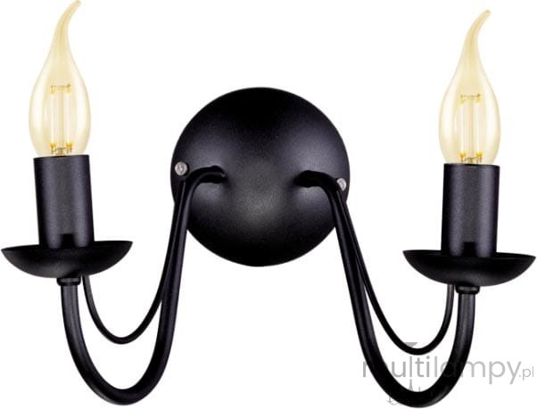 Kinkiet 2-punktowy Bartez K-3994 w kolorze czarnym. Okrągła podstawka z matowego metalu, dwa ramiona z lampkami w kształcie płomienia. Prosty, elegancki design, idealny do nowoczesnych wnętrz.