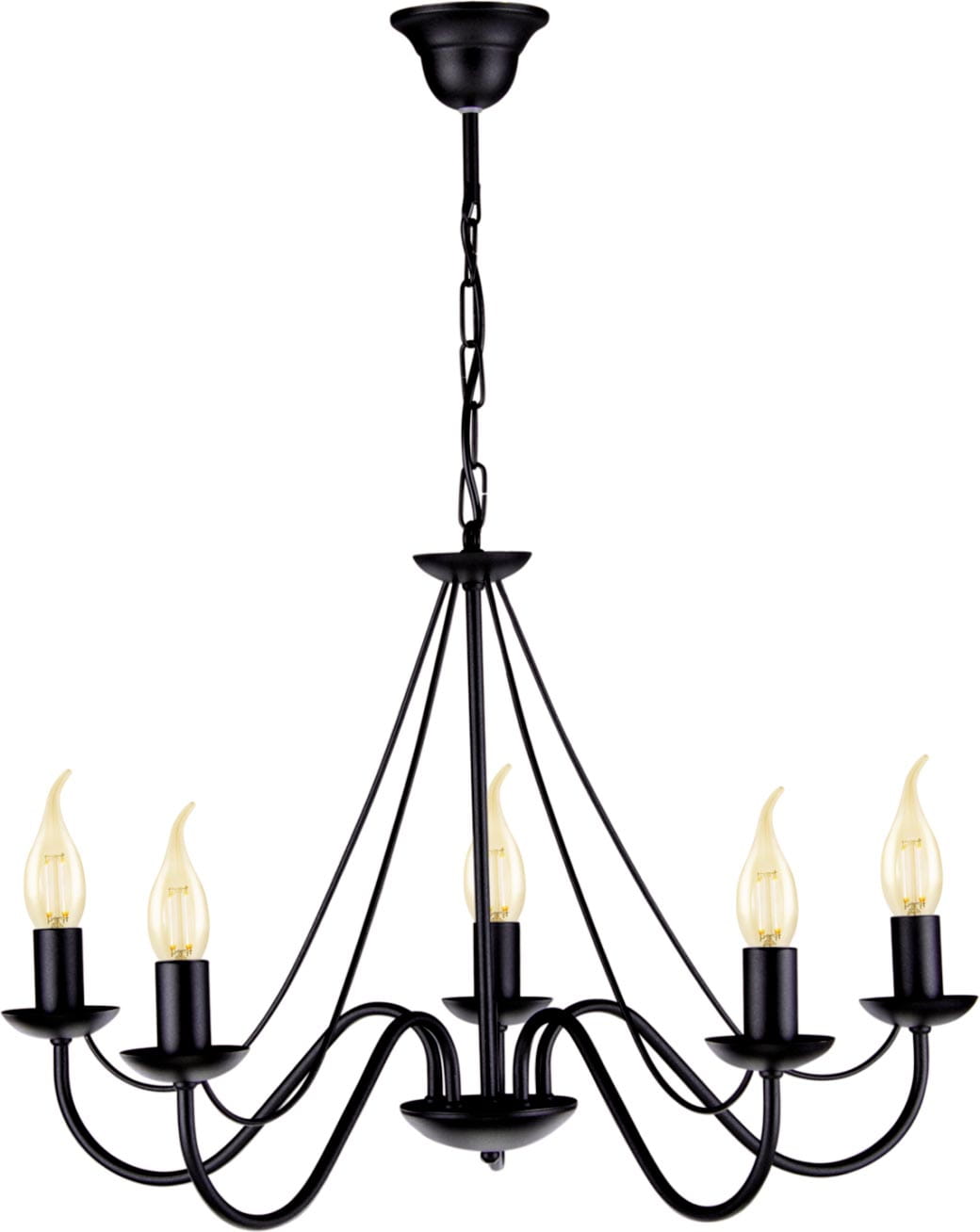Czarny żyrandol Bartez 5-punktowy K-3991 z metalowymi ramionami i osłonami na żarówki w kształcie płomieni. Produkt wiszący, z łańcuchem, prezentujący elegancki design. Idealny do nowoczesnych wnętrz.