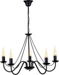 Czarny żyrandol Bartez 5-punktowy K-3991 z metalowymi ramionami i osłonami na żarówki w kształcie płomieni. Produkt wiszący, z łańcuchem, prezentujący elegancki design. Idealny do nowoczesnych wnętrz.