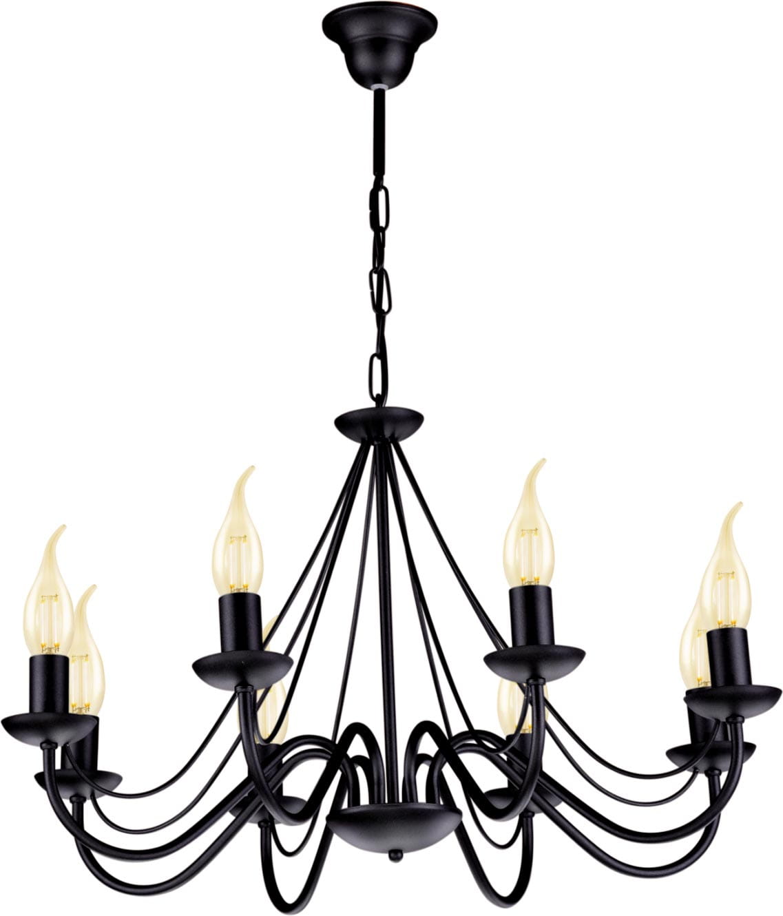 Czarny żyrandol Bartez K-3992 z ośmioma punktami świetlnymi, z metalowymi ramionami w kształcie fal, zakończonymi żarówkami w kształcie płomienia. Zawieszony na cienkim łańcuszku, prezentuje nowoczesny design.