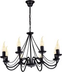 Czarny żyrandol Bartez K-3992 z ośmioma punktami świetlnymi, z metalowymi ramionami w kształcie fal, zakończonymi żarówkami w kształcie płomienia. Zawieszony na cienkim łańcuszku, prezentuje nowoczesny design.