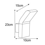 Kinkiet zewnętrzny Vidar LED, 1-punktowy, czarny. Wymiary: 23 cm wysokości, 15 cm szerokości, 10 cm głębokości. Kształt prostokątny z zaokrąglonymi krawędziami, montowany na ścianie.