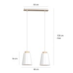 Biała lampa wisząca 2-punktowa Bolero z drewnianym detalem. Wymiary: wysokość 100 cm, szerokość 30 cm, długość 40 cm, średnica kloszy 16 cm. Zawieszona na dwóch białych kablach, minimalistyczny design, idealna do nowoczesnych wnętrz.