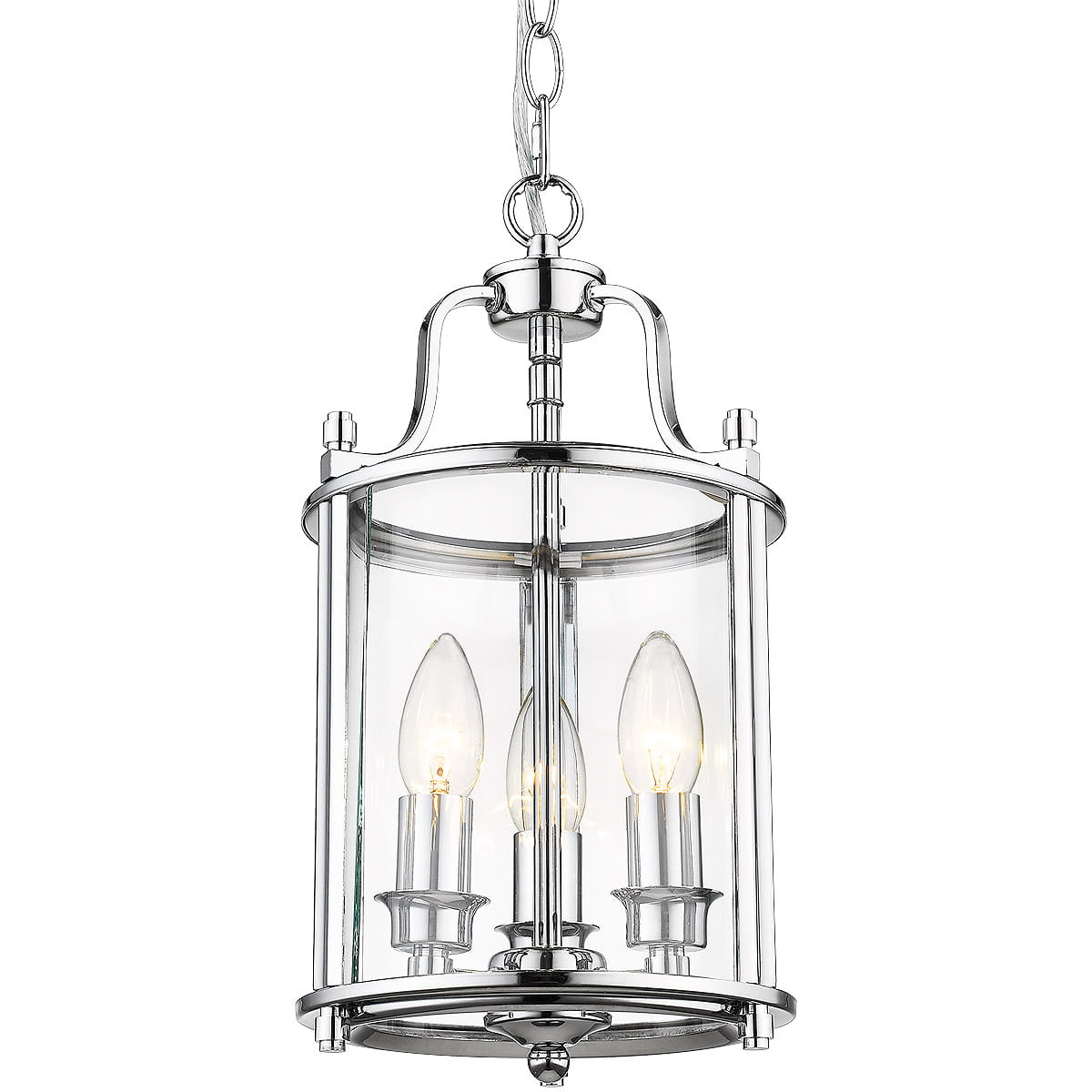Lampa wisząca New York 3-punktowa w chromowanej obudowie z przezroczystym szklanym kloszem, z trzema żarówkami o kształcie łzy. Produkt zawieszony na łańcuchu, w układzie frontalnym, idealny do nowoczesnych wnętrz.