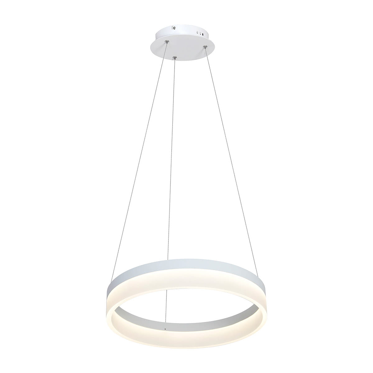 Lampa wisząca Ring 400 LED w kształcie okręgu, z białym, matowym wykończeniem i oprawą LED. Zawieszona na cienkich linkach, prezentuje minimalistyczny design. Widoczny strop montażowy z białym wykończeniem na górze.