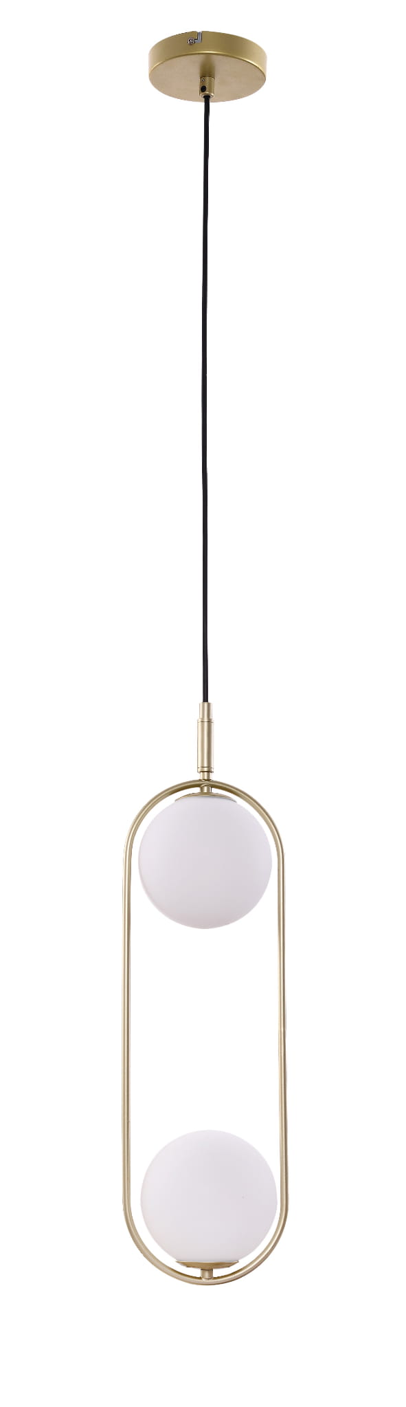 Lampa wisząca Cordel 2-punktowa w kolorze mosiężnym, z dwoma białymi, okrągłymi kloszami. Produkt zawieszony na czarnym kablu, zamontowany na okrągłej, mosiężnej podsufitce. Widać minimalistyczny design i eleganckie wykończenie.
