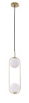 Lampa wisząca Cordel 2-punktowa w kolorze mosiężnym, z dwoma białymi, okrągłymi kloszami. Produkt zawieszony na czarnym kablu, zamontowany na okrągłej, mosiężnej podsufitce. Widać minimalistyczny design i eleganckie wykończenie.