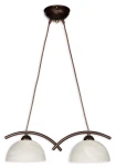 Lampa wisząca Loko, 2-punktowa, z brązowym metalowym stelażem. Dwa klosze w kolorze białym, o półkulistym kształcie, zawieszone na długich przewodach. Kąt ujęcia frontalny, produkt zamontowany na suficie.