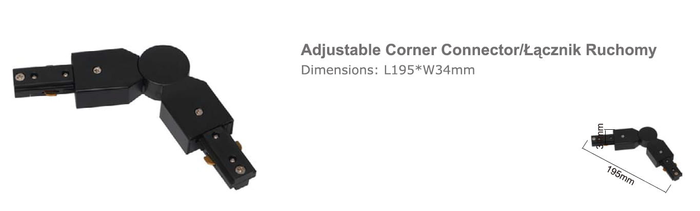 Złącze ruchome Track w kolorze czarnym, wykonane z tworzywa, o wymiarach 195 mm długości i 34 mm szerokości. Posiada ruchomy staw, umożliwiający elastyczne połączenie prowadnicy szynowej. Ujęcie z boku, z widocznymi detalami konstrukcji.