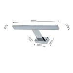 Kinkiet Shine LED IP44 w kolorze chromu, o wymiarach 300 mm długości, 10 mm wysokości i 25 mm szerokości. Posiada prostokątną, płaską formę oraz mocowanie w kształcie kwadratu. Idealny do zastosowania wewnętrznego i zewnętrznego.