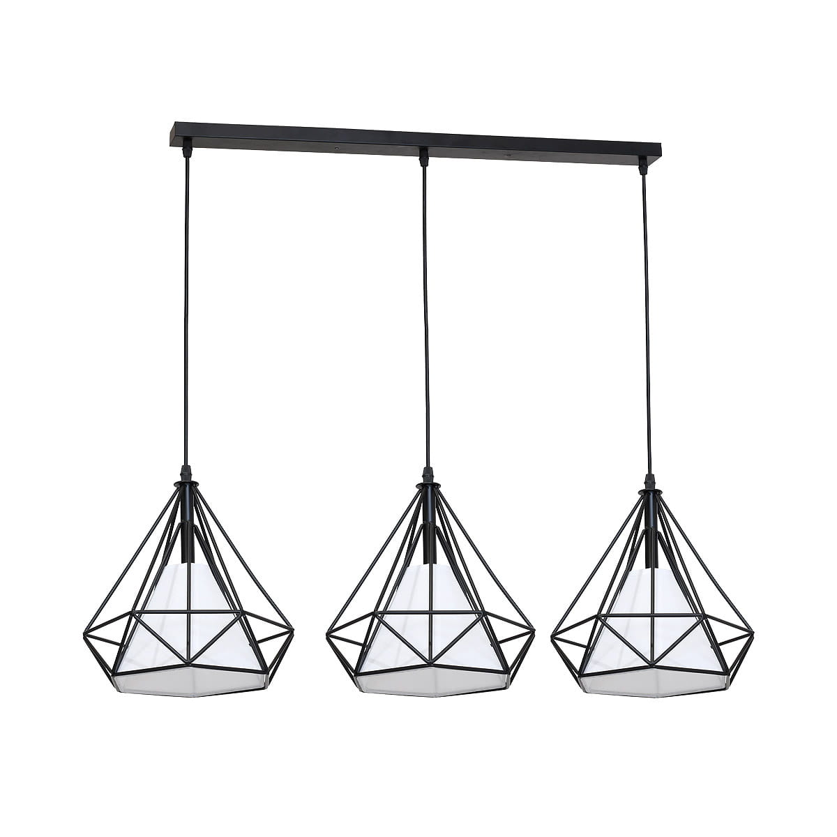 Lampa wisząca Triangolo 3-punktowa z czarną metalową konstrukcją i przezroczystymi kloszami w kształcie diamentów. Zawieszona na prostokątnej podstawie, idealna do nowoczesnych wnętrz.