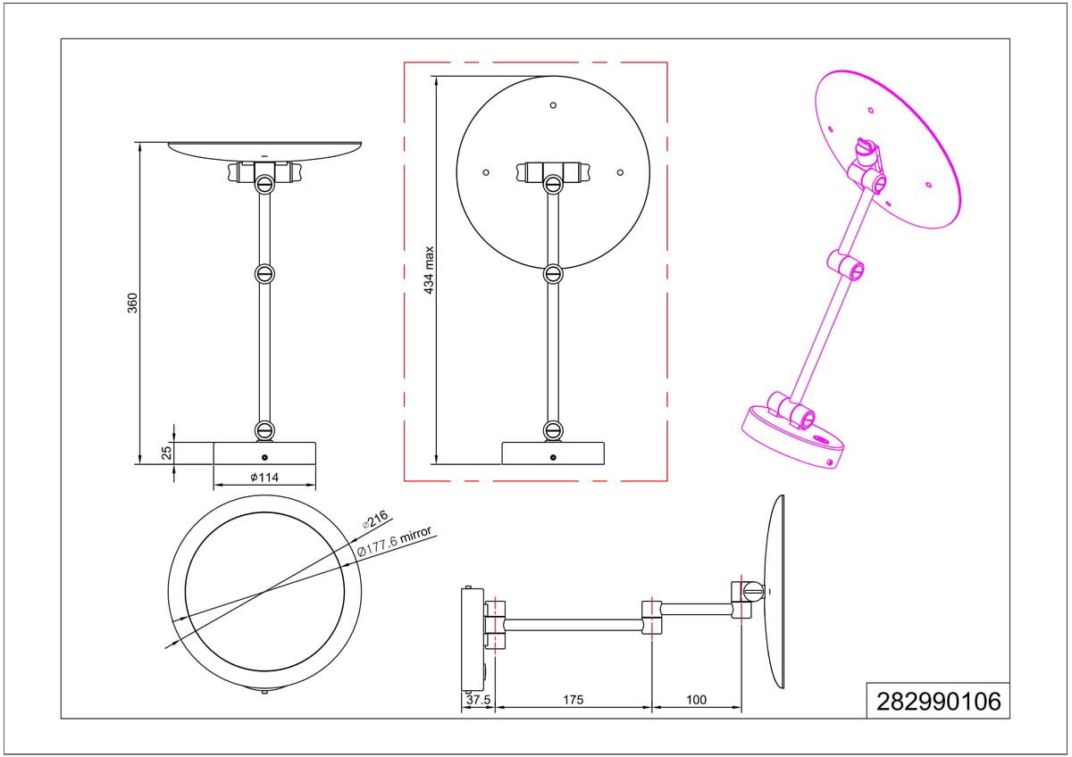 Kinkiet LED View 1-punktowy, okrągła podsufitka o średnicy 216 mm, metalowa podstawa, regulowana wysokość do 434 mm, prosty design, widoczna konstrukcja z przegubem, kolor srebrny, idealny do nowoczesnych wnętrz.