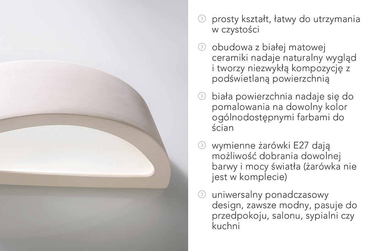 Kinkiet Atena 1-punktowy w ceramicznej obudowie o matowej, białej powierzchni. Prosty, łukowaty kształt, z miejscem na wymienną żarówkę E27. Produkt idealny do personalizacji kolorystycznej, pasujący do różnych wnętrz, takich jak salon czy kuchnia.