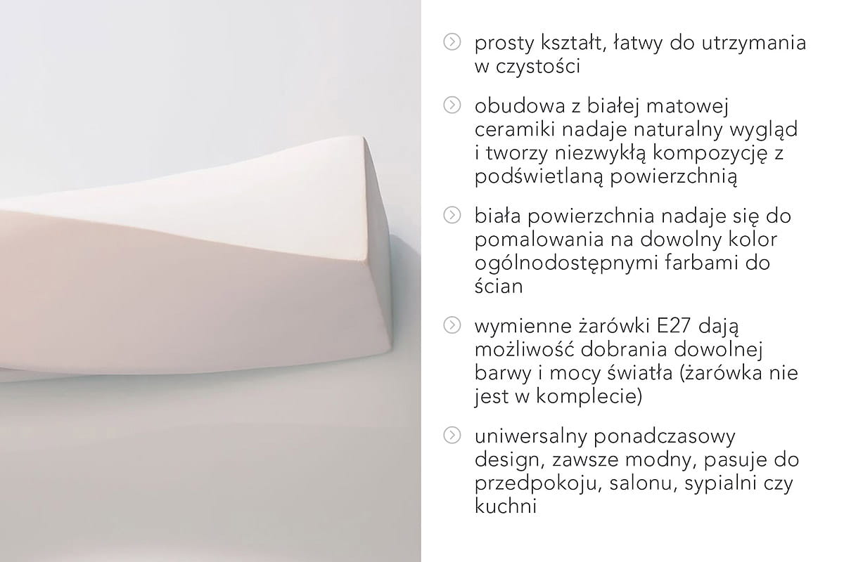 Kinkiet Sigma 1-punktowy ceramiczny, w kolorze białym, o prostym kształcie. Zbudowany z matowej ceramiki, łatwy w czyszczeniu. Wymienne gniazdo E27 umożliwia dobór żarówki. Idealny do malowania, pasuje do różnych wnętrz.