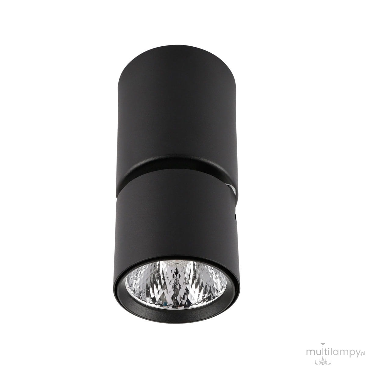 Czarna lampa sufitowa LED Boniva SPL-2854-1-SC-BL, 1-punktowa, w kształcie cylindrycznym, z metalowym wykończeniem. Zbliżenie na klosz z przezroczystym szkłem, który rozprasza światło, montowana na suficie.